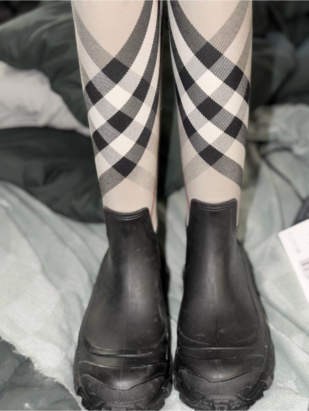 Burberry Black Chelsea Rain Boots with Signature Beige Plaid Socks